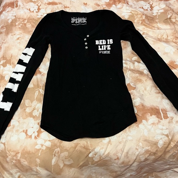 PINK Black Long Sleeve Henley with White Text - Picture 3 of 4